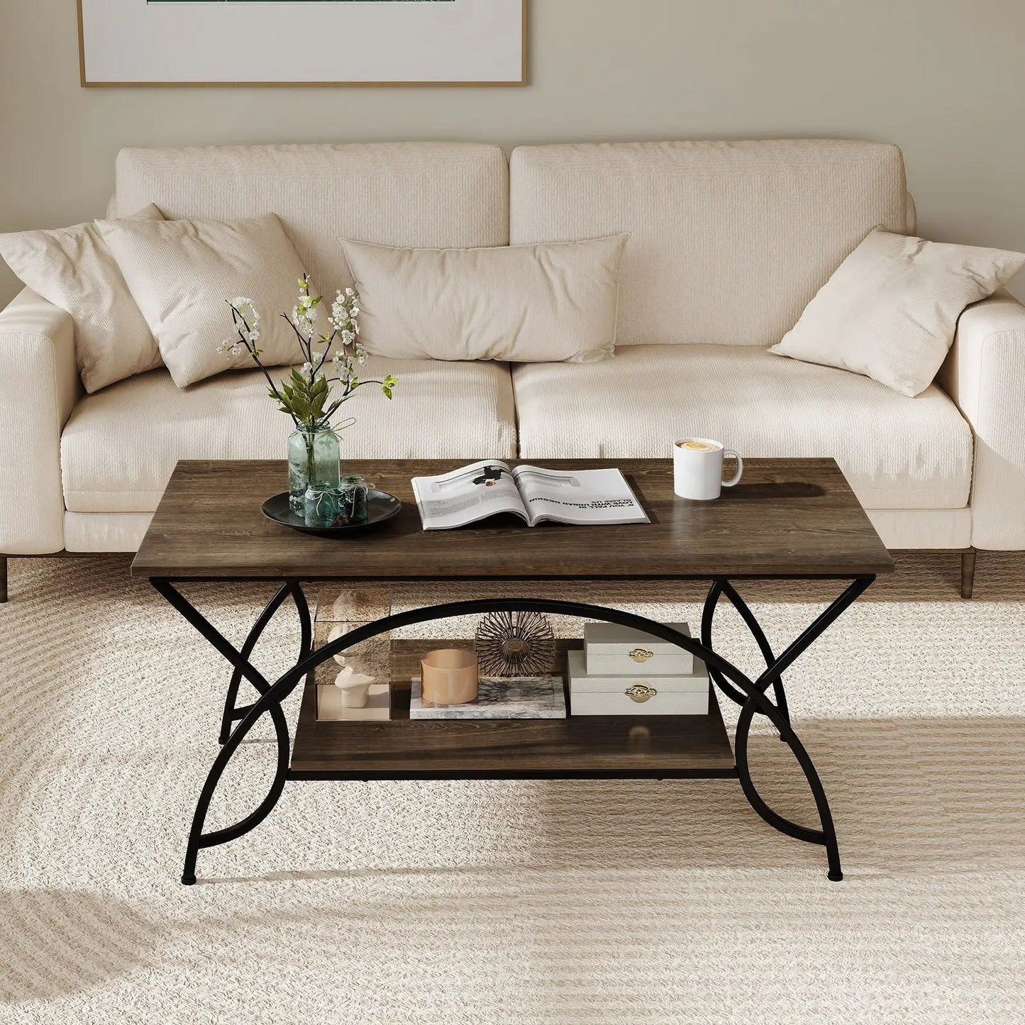 2-Tier Rectangle Coffee Table With Marble Pattern