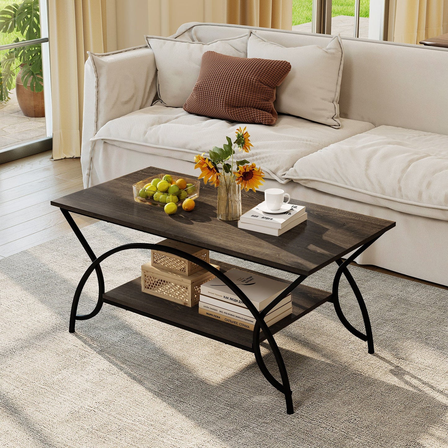 2-Tier Rectangle Coffee Table With Marble Pattern