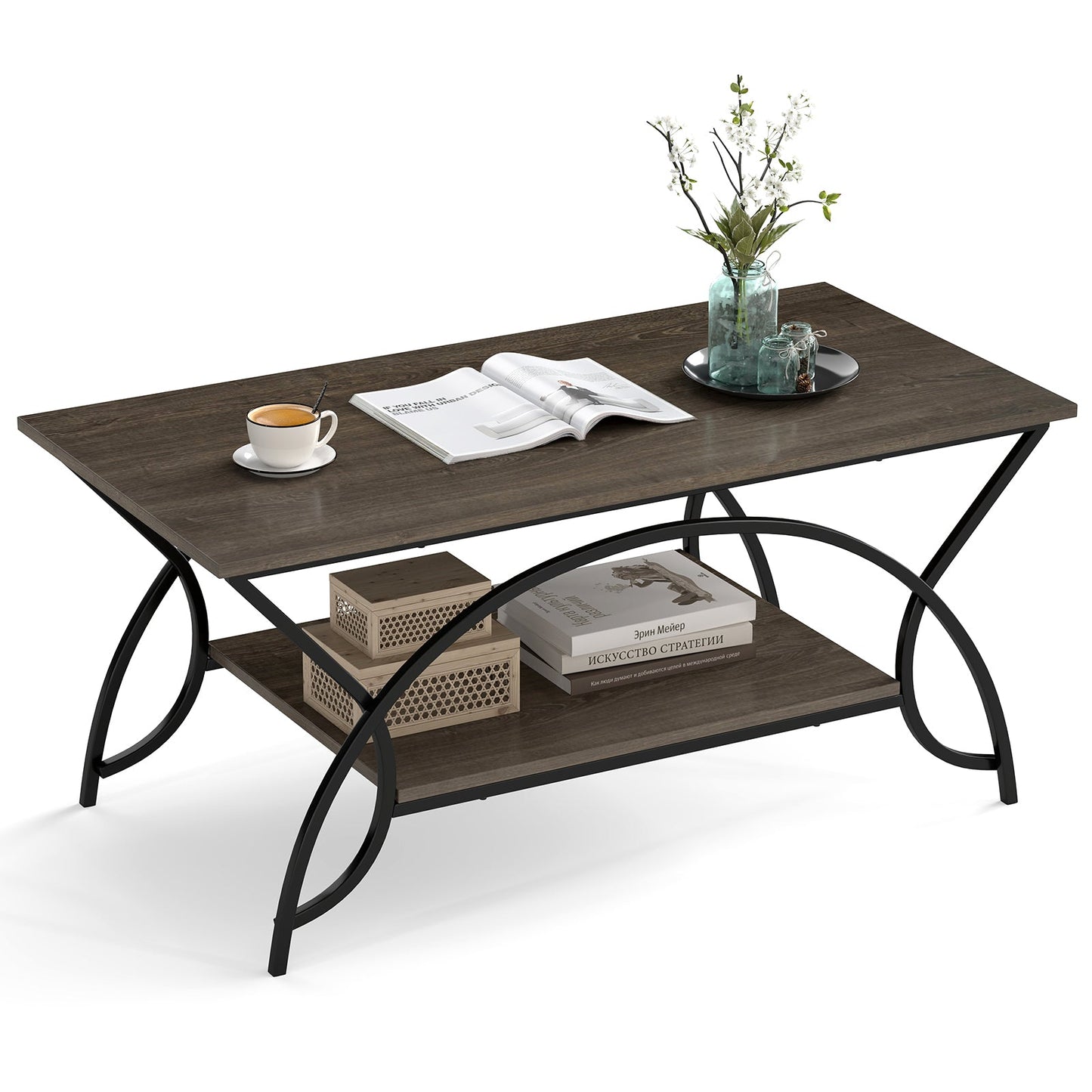 2-Tier Rectangle Coffee Table With Marble Pattern