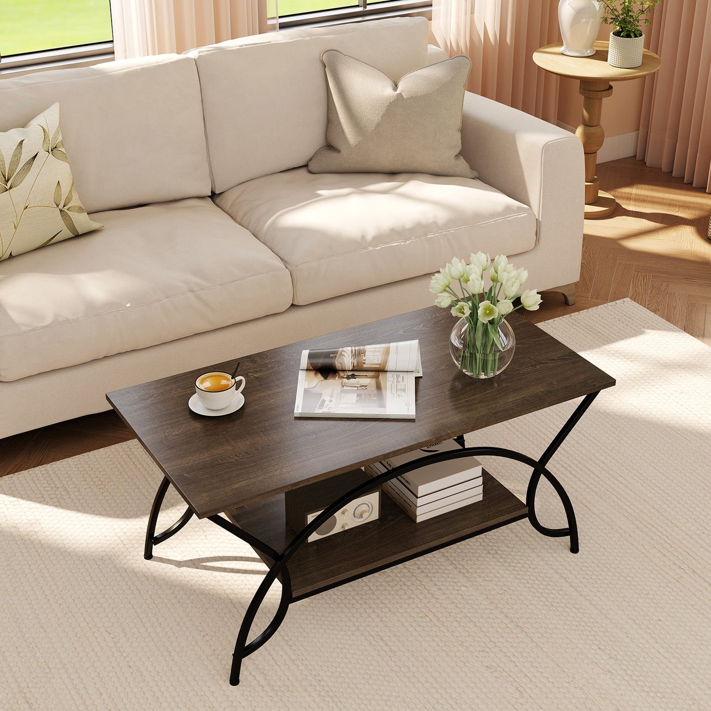 2-Tier Rectangle Coffee Table With Marble Pattern