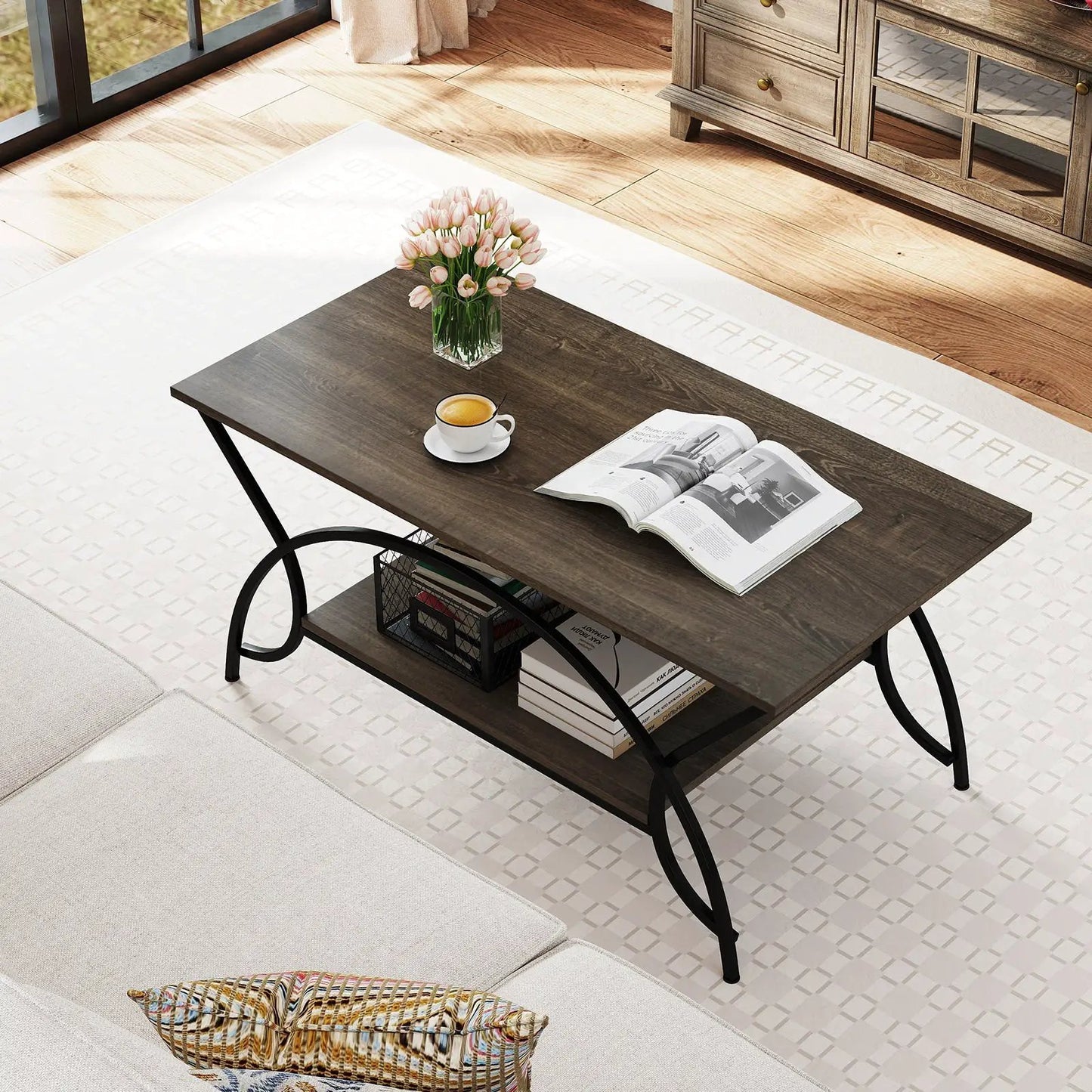 2-Tier Rectangle Coffee Table With Marble Pattern