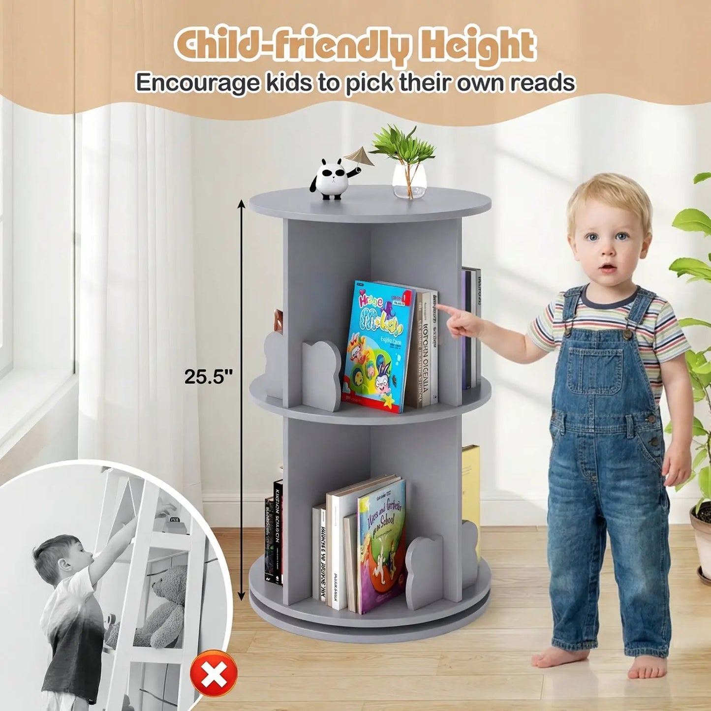 Kids Rotating Bookshelf with Bear Baffles