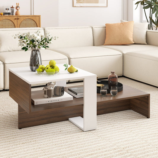 2-Tier Geometric Coffee Table with Storage Shelves for Living Room and Reception Room-White and Brown - Tampa Home & Garden Store