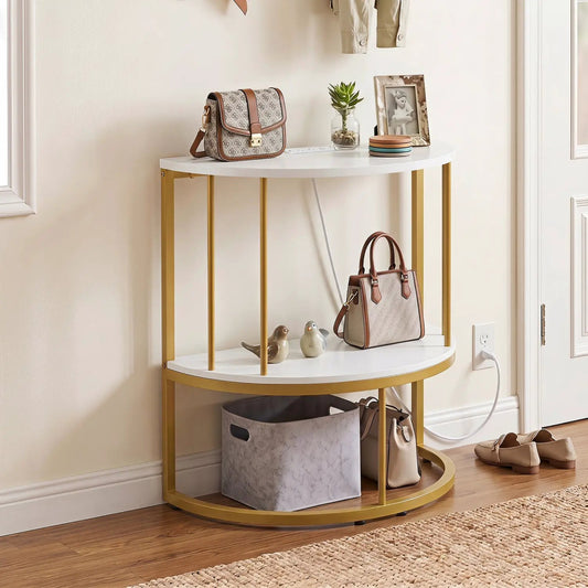 Half Moon console table with white top and gold legs, storage shelf and power outlets on Tampa Home & Garden Store