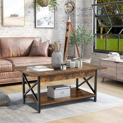 Mesa de centro rectangular industrial de 2 niveles con estante de almacenamiento - Marrón rústico