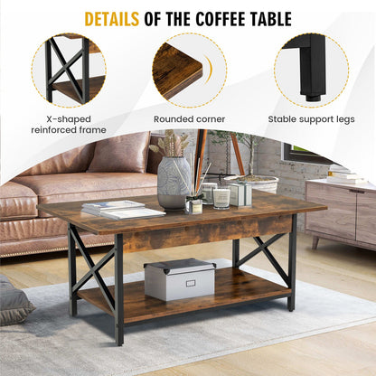Mesa de centro rectangular industrial de 2 niveles con estante de almacenamiento - Marrón rústico