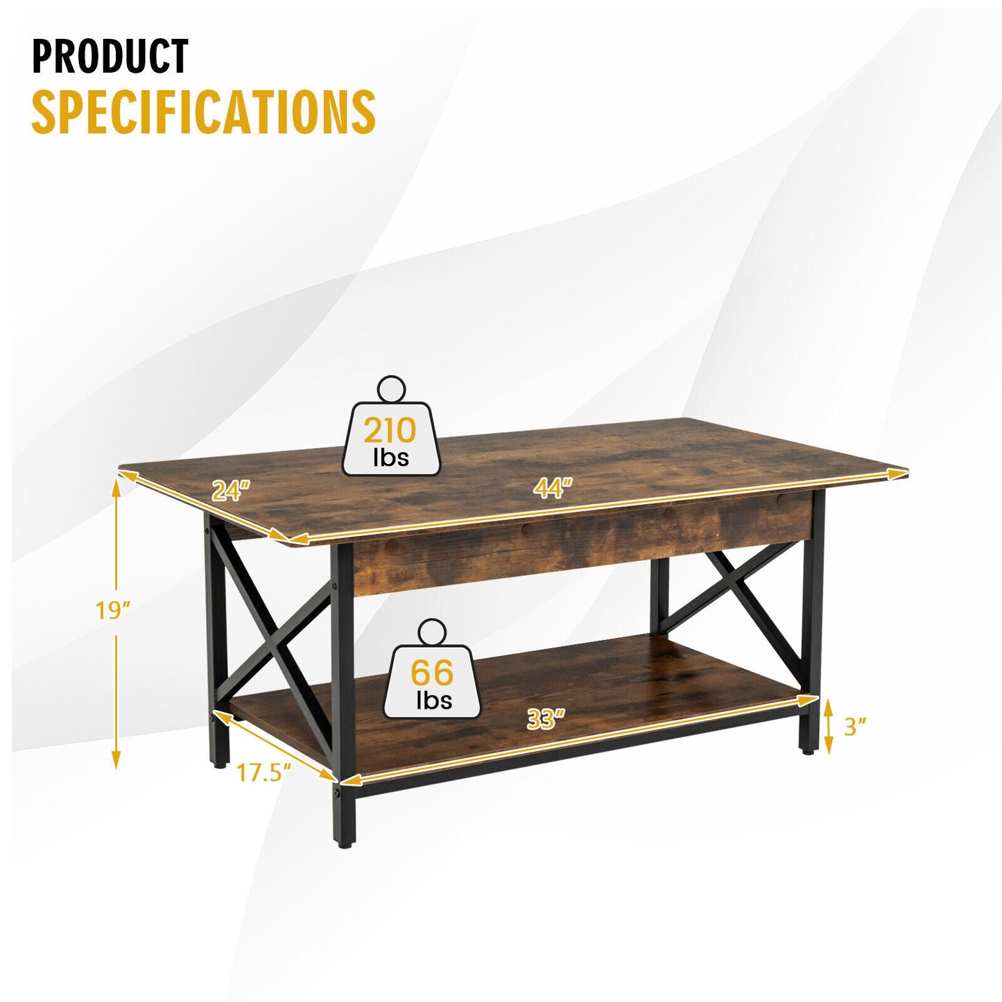 Mesa de centro rectangular industrial de 2 niveles con estante de almacenamiento - Marrón rústico