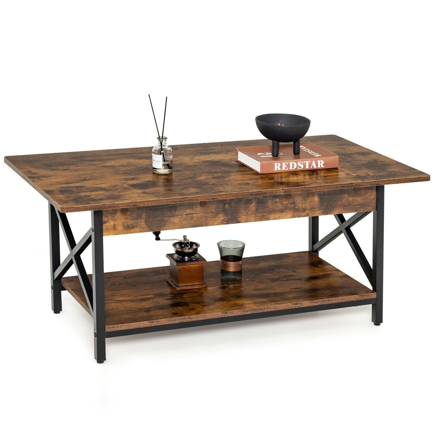 Mesa de centro rectangular industrial de 2 niveles con estante de almacenamiento - Marrón rústico