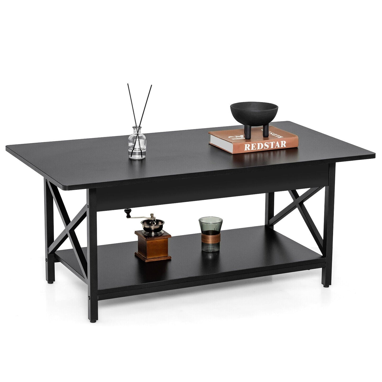 Mesa de centro rectangular industrial de 2 niveles con estante de almacenamiento - Marrón rústico