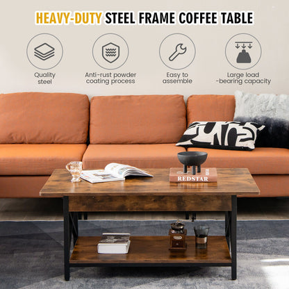 Mesa de centro rectangular industrial de 2 niveles con estante de almacenamiento - Marrón rústico