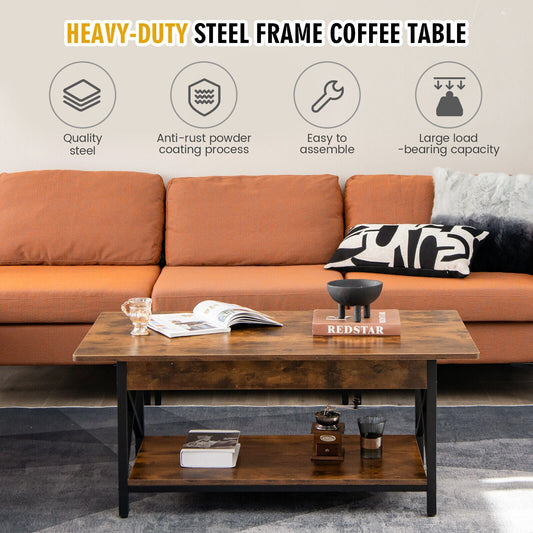 2-Tier Industrial Rectangular Coffee Table with Storage Shelf-Rustic Brown - Tampa Home & Garden Store