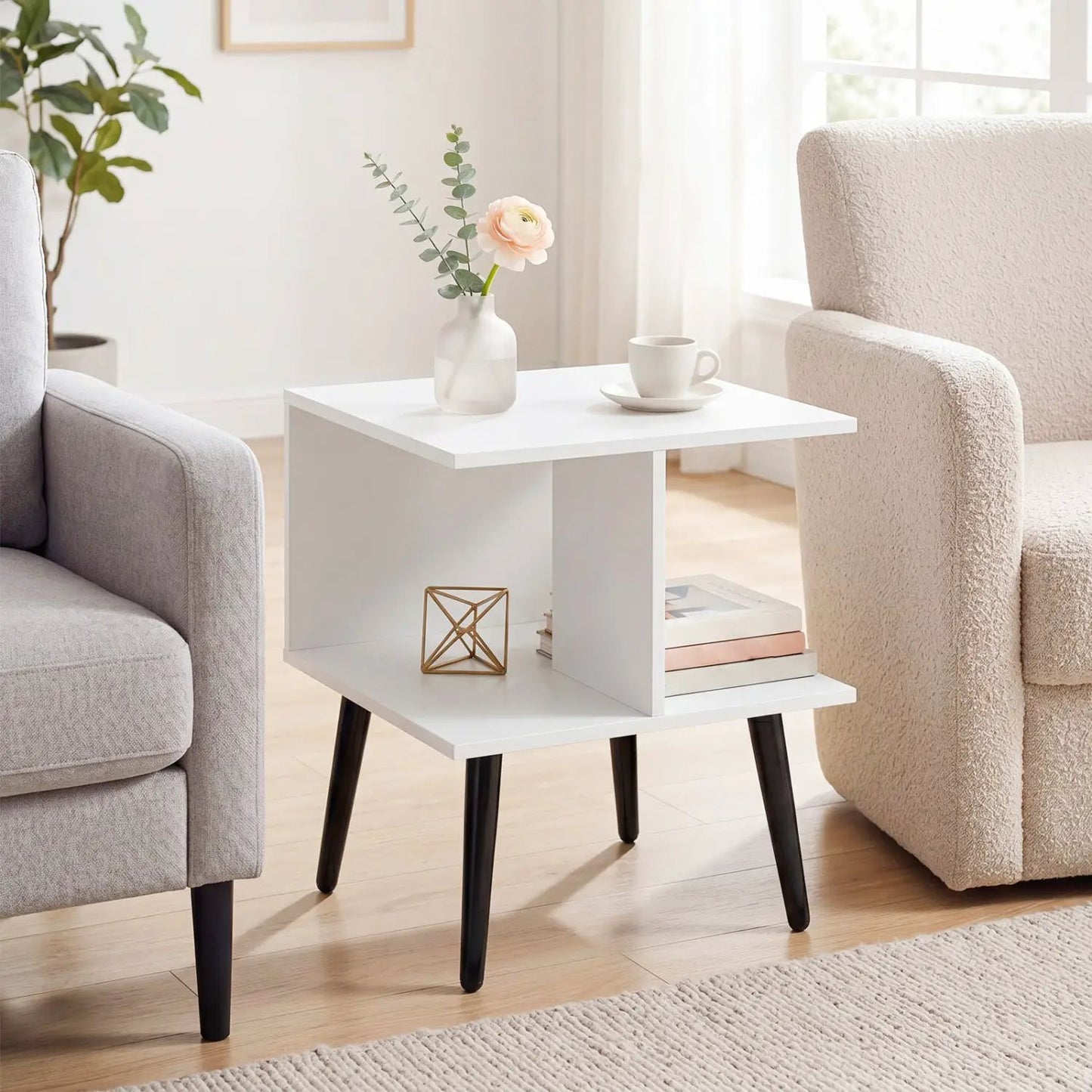 2-Tier End Table Storage Compartments White