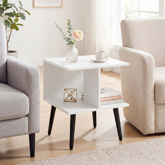 2-Tier End Table with Storage DirectDeals, white finish, black tapered legs on Tampa Home & Garden Store
