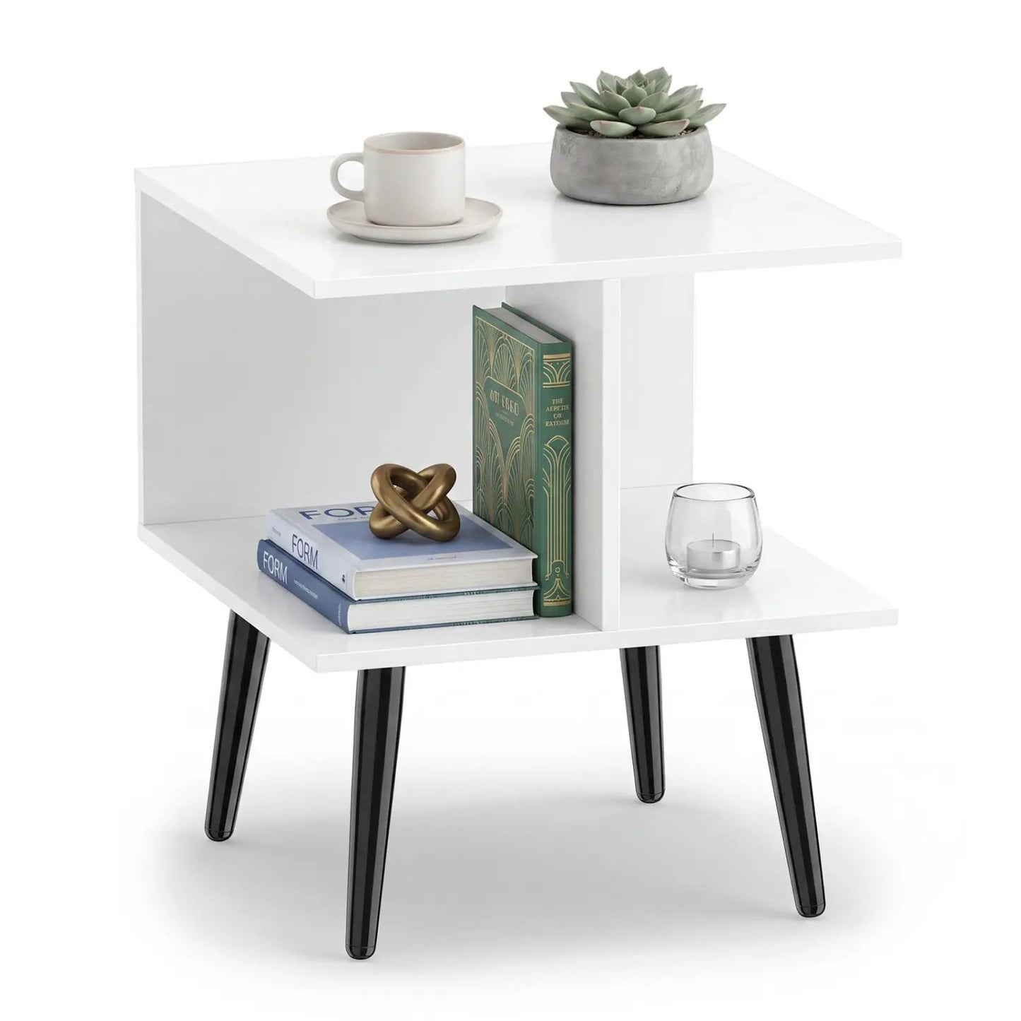 2-Tier End Table Storage Compartments White