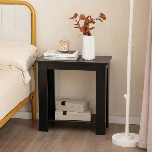 2-Tier Compact End Table with Storage Shelf in black, top clock, books, vase, and storage boxes on Tampa Home & Garden Store
