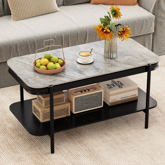 2-Tier Modern Rectangular Coffee Table with Sintered Stone Top - Tampa Home & Garden Store