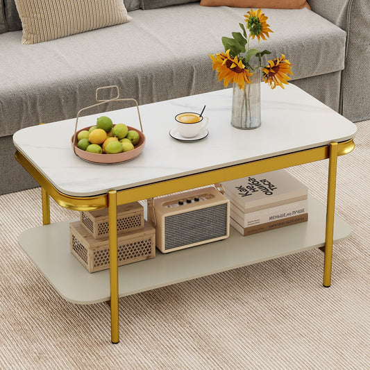 2-Tier Modern Rectangular Coffee Table with Sintered Stone Top - Tampa Home & Garden Store