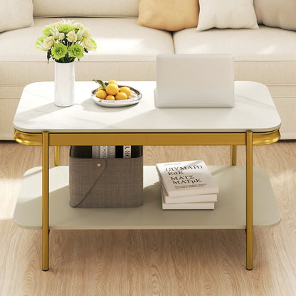 2-Tier Modern Rectangular Coffee Table with Sintered Stone Top