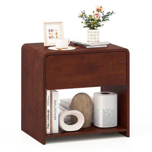 DirectDeals walnut 2-Tier Nightstand with Drawer and Open Shelf, decor items atop on Tampa Home & Garden Store