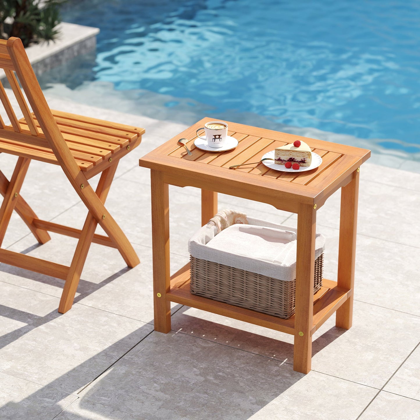 2-Tier Outdoor Acacia Wood Side Table with Slatted Tabletop and Storage Shelf