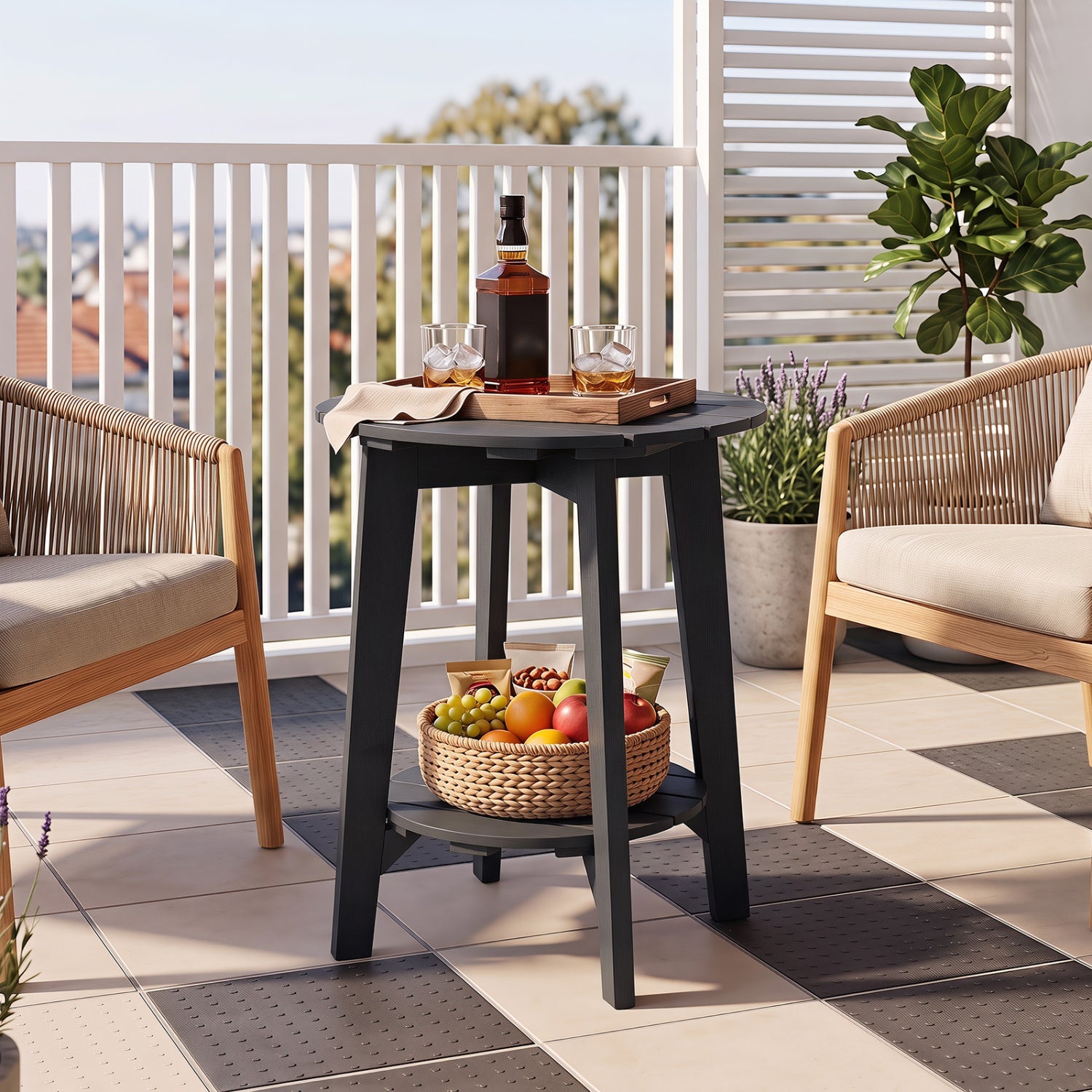 Eucalyptus wood outdoor side table with storage shelf DirectDeals black round top on Tampa Home & Garden Store