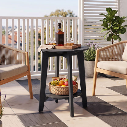 Eucalyptus wood outdoor side table with storage shelf DirectDeals black round top on Tampa Home & Garden Store