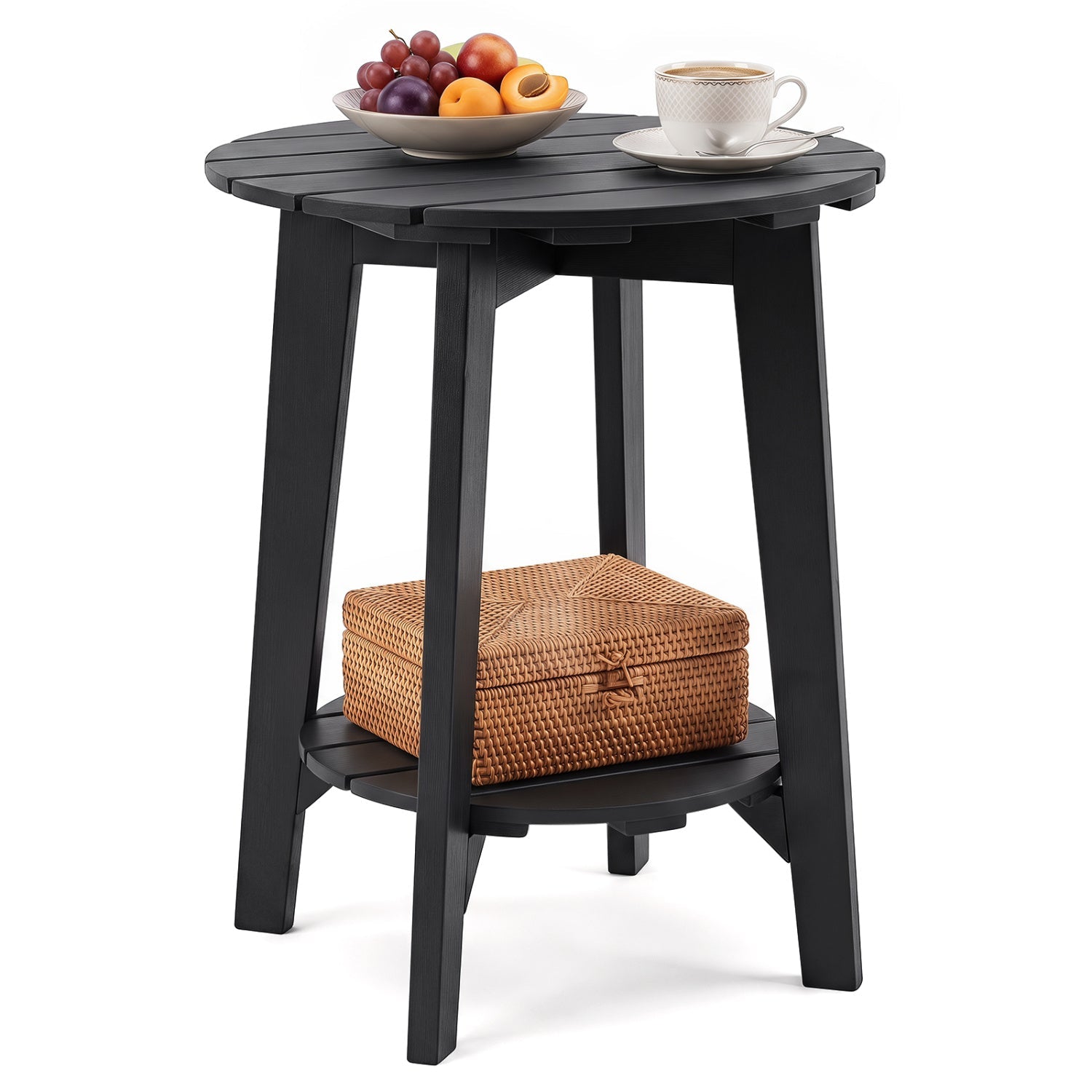 Eucalyptus Wood Outdoor Side Table with Storage, DirectDeals, black finish with wicker basket on Tampa Home & Garden Store