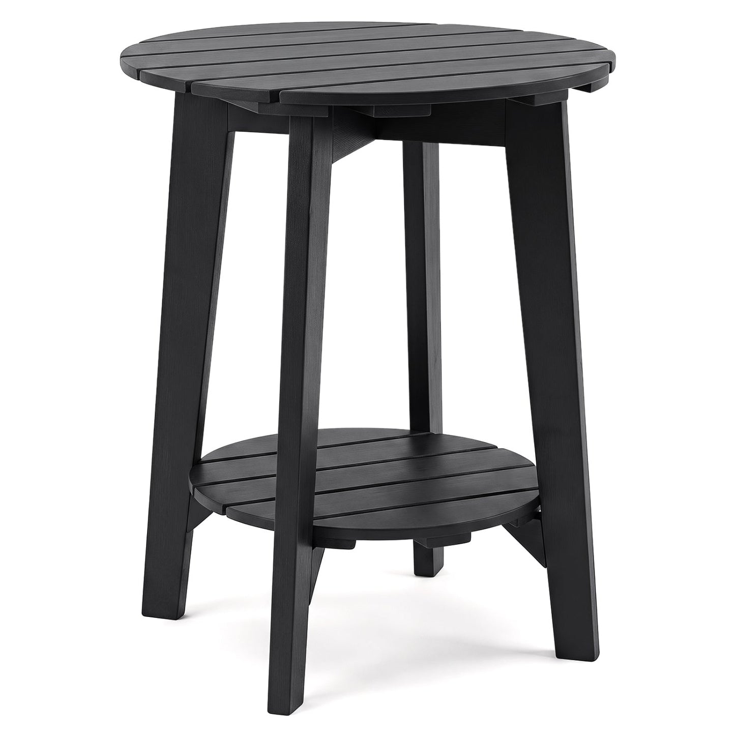 Eucalyptus Wood Outdoor Side Table with Storage Shelf by DirectDeals, black slatted round top on Tampa Home & Garden Store