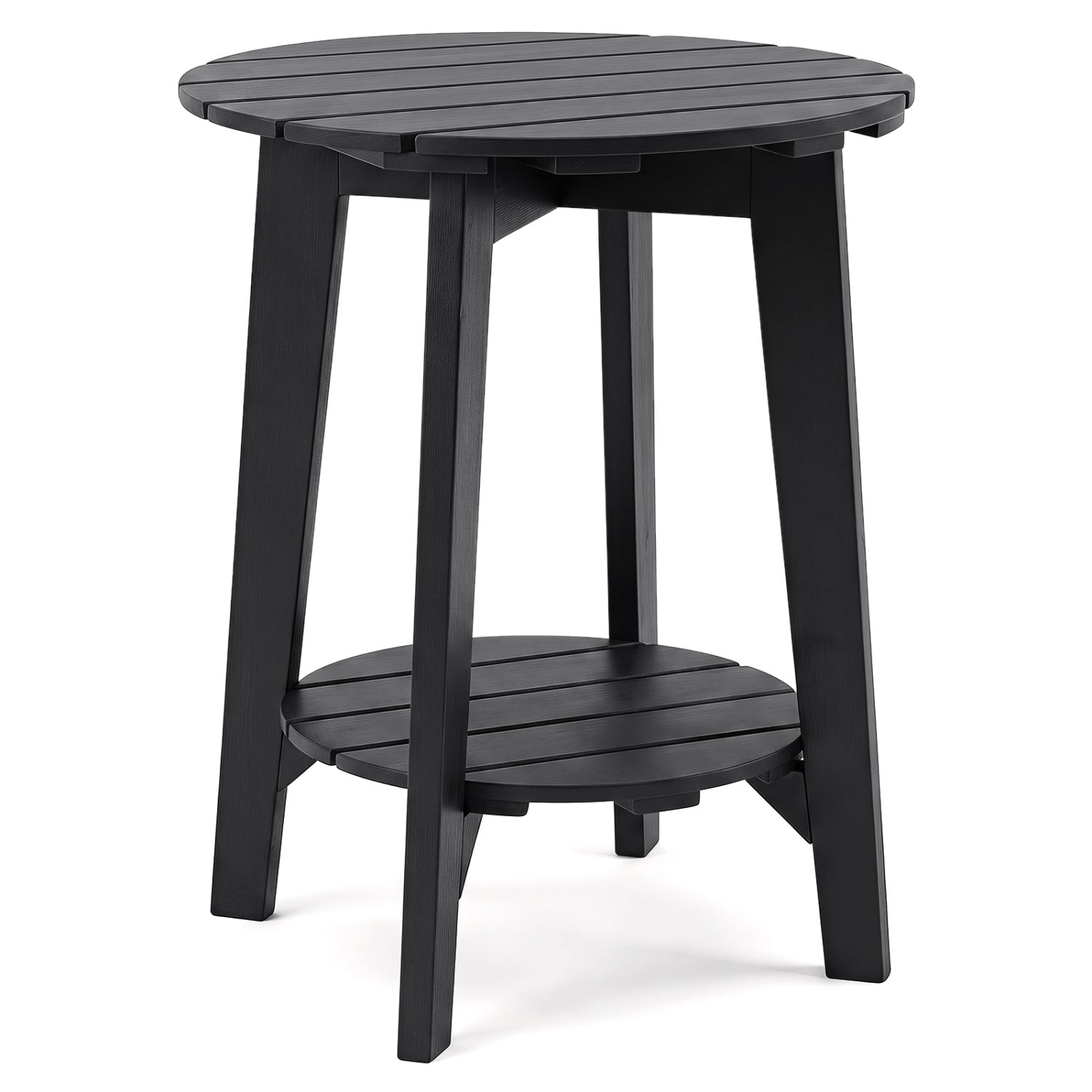Eucalyptus Wood Outdoor Side Table with Storage Shelf by DirectDeals, black slatted round top on Tampa Home & Garden Store