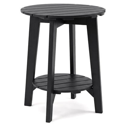 Eucalyptus Wood Outdoor Side Table with Storage Shelf by DirectDeals, black slatted round top on Tampa Home & Garden Store