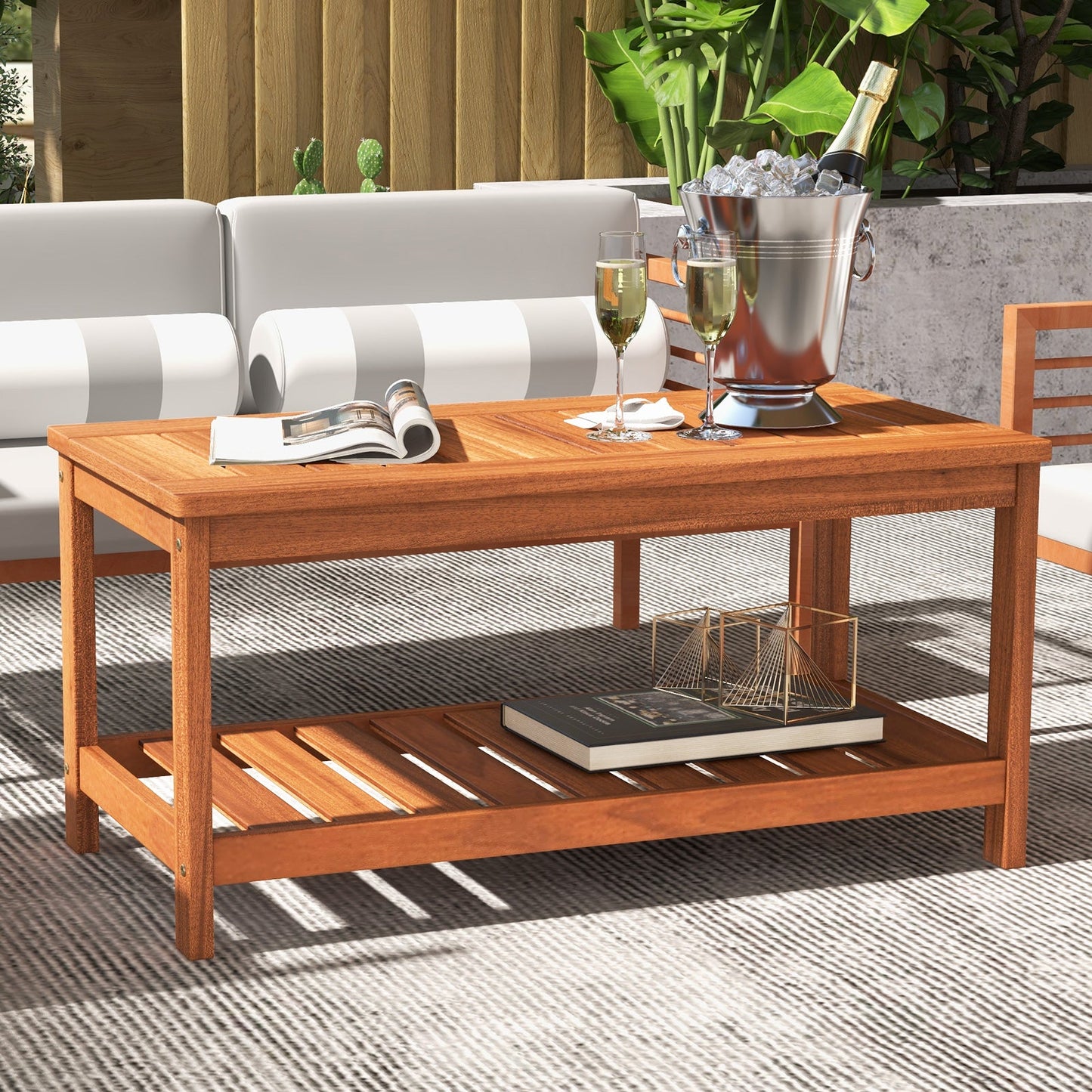 Mesa de centro para patio de 2 niveles con superficie y estante de listones