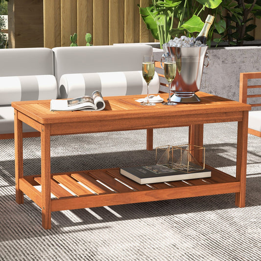 2-Tier Patio Coffee Table with Slatted Tabletop and Shelf - Tampa Home & Garden Store