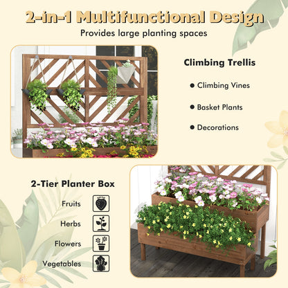 2-Tier Raised Garden Bed with Trellis-Brown