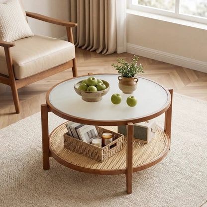 Two Tier Rattan Coffee Table with Frosted Glass