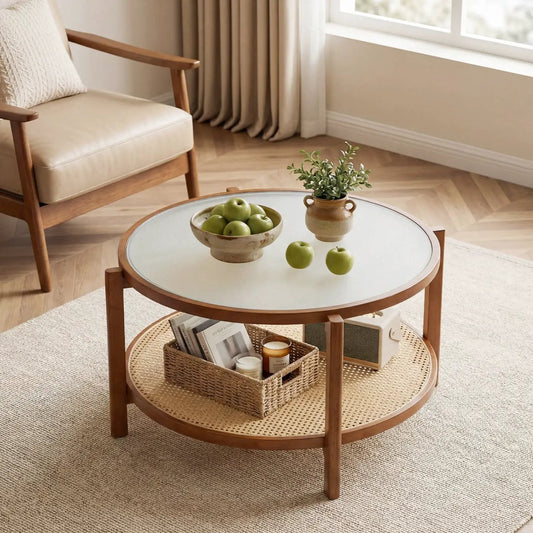 2-Tier Rattan Coffee Table with Frosted Glass Top, natural wood frame and woven lower shelf on Tampa Home & Garden Store