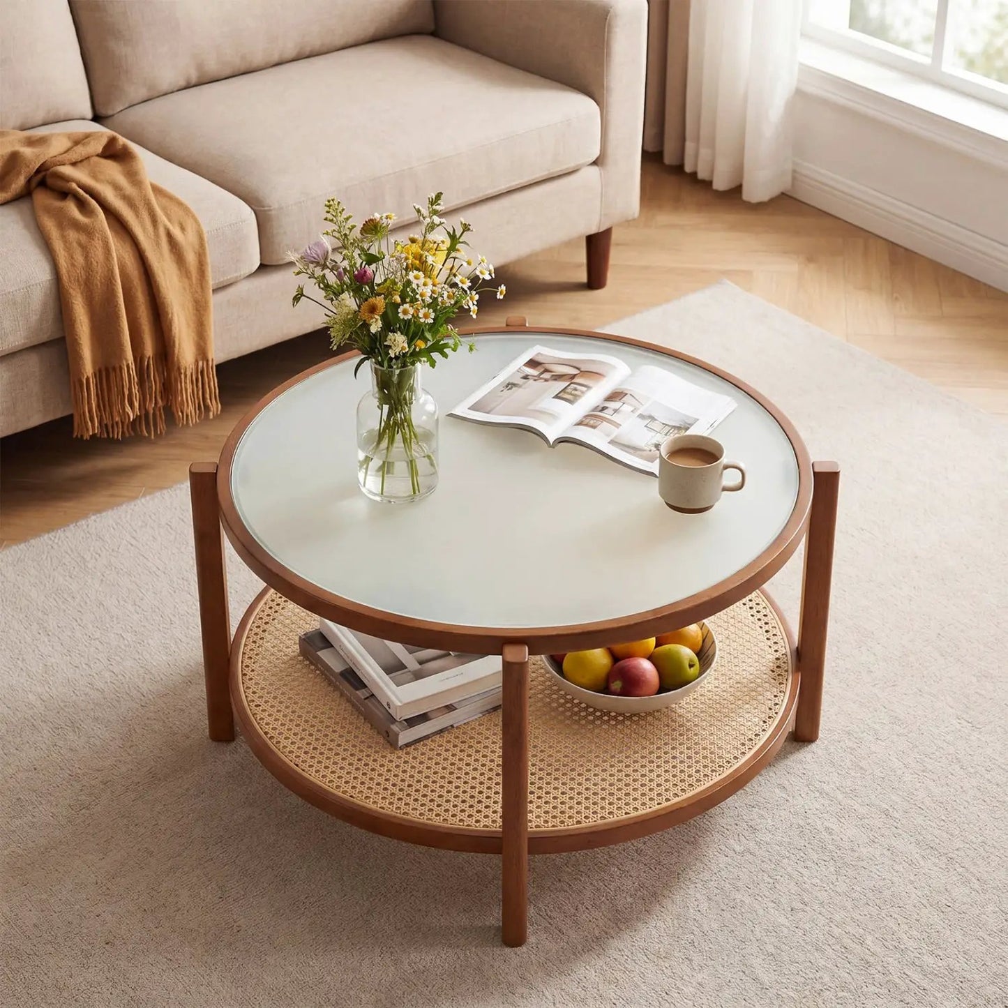 Two Tier Rattan Coffee Table with Frosted Glass