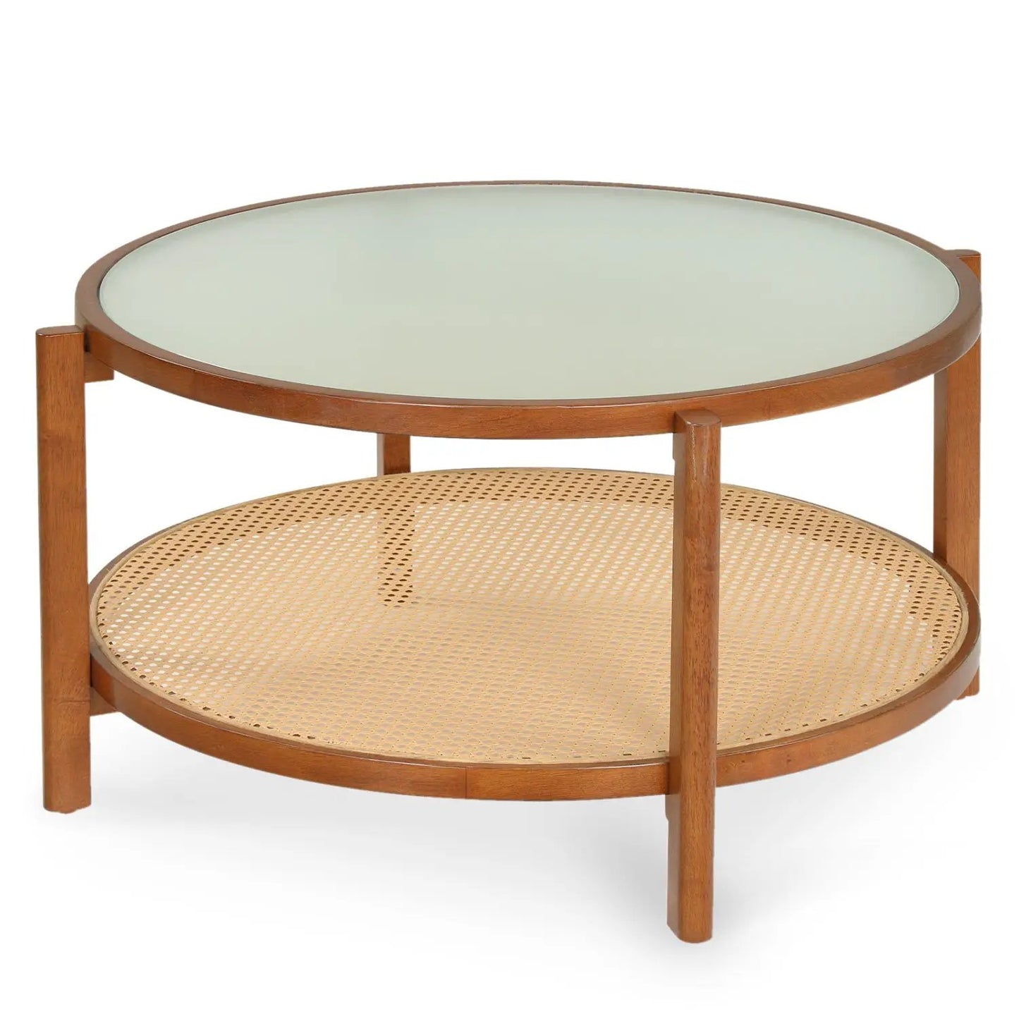 Two Tier Rattan Coffee Table with Frosted Glass