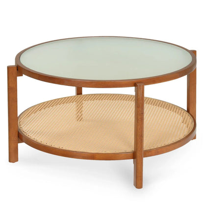 Two Tier Rattan Coffee Table with Frosted Glass