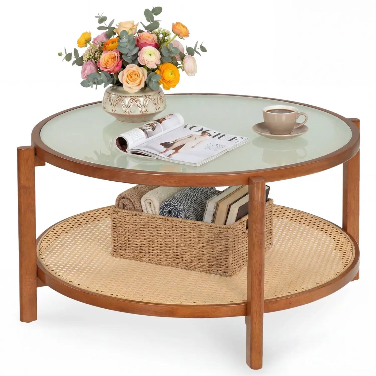 Two Tier Rattan Coffee Table with Frosted Glass