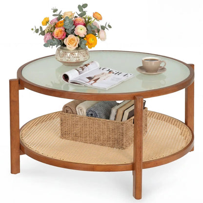 Two Tier Rattan Coffee Table with Frosted Glass