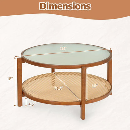 Two Tier Rattan Coffee Table with Frosted Glass