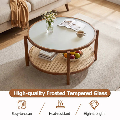 Two Tier Rattan Coffee Table with Frosted Glass