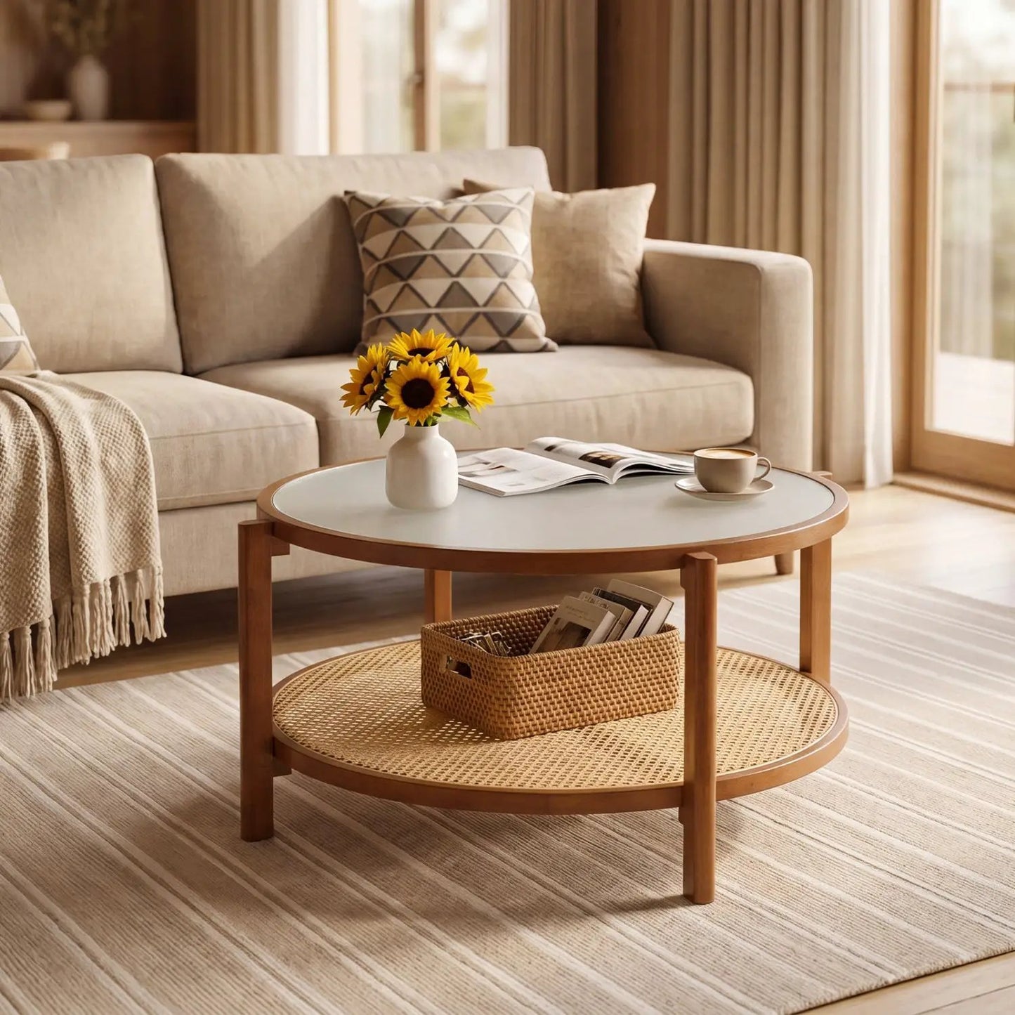 Two Tier Rattan Coffee Table with Frosted Glass