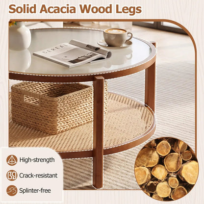 Two Tier Rattan Coffee Table with Frosted Glass
