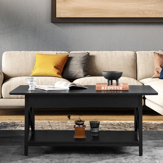 2-Tier Rectangle Coffee Table with Storage Shelf and X-shaped Metal Frame-Black - Tampa Home & Garden Store