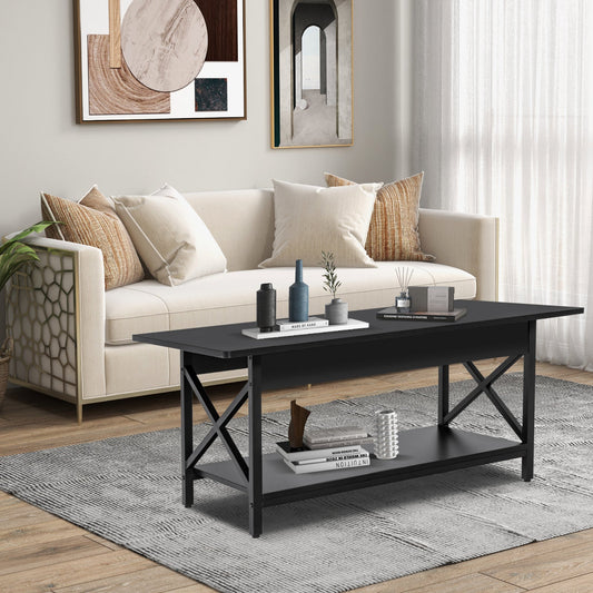 2-Tier Rectangle Coffee Table with Storage Shelf and X-shaped Metal Frame-Black - Tampa Home & Garden Store
