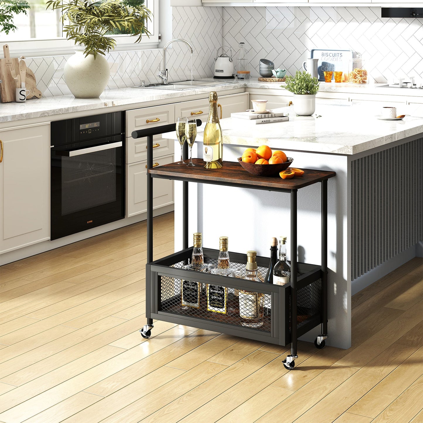 2-Tier Rolling End Table with Handle and Mesh Basket-Rustic Brown