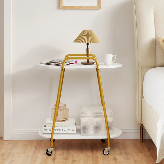 Rolling end table with faux marble top on a yellow metal frame, 2-tier storage on Tampa Home & Garden Store
