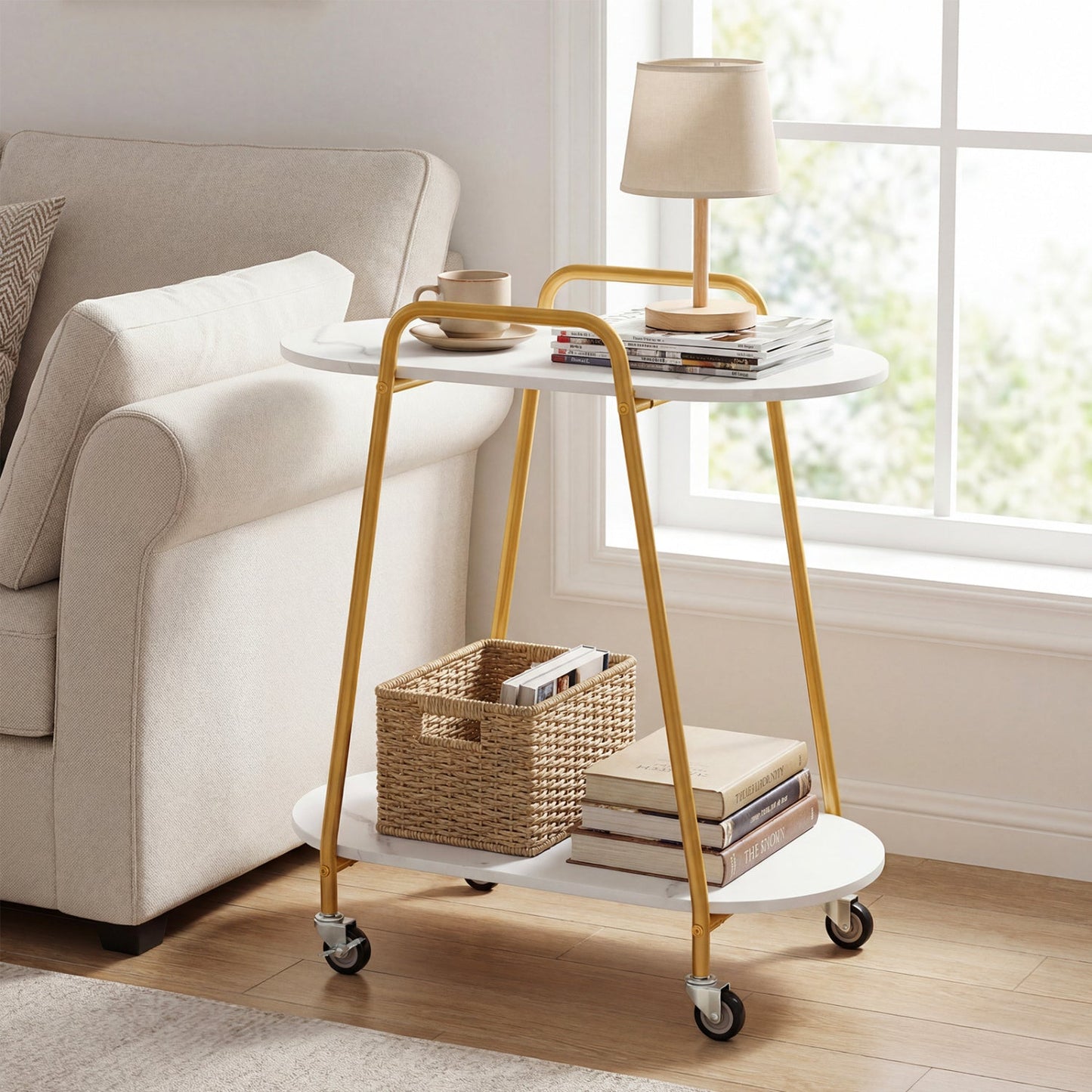 Rolling End Table With Faux Marble Top Surface