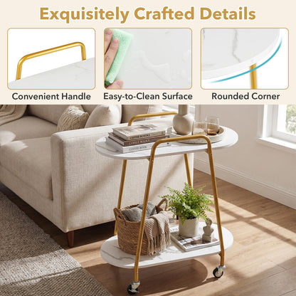 Rolling End Table With Faux Marble Top Surface